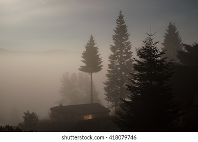 Dark Night Haunted Spooky Cottage Chalet In Fog Trees Forest Fantasy