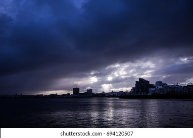 Dark Night Of Reykjavik With Sea