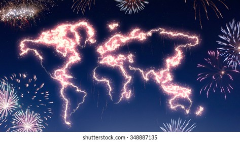 A Dark Night Sky With A Sparkling Red Firecracker In The Shape Of The World Composed Into.(series)