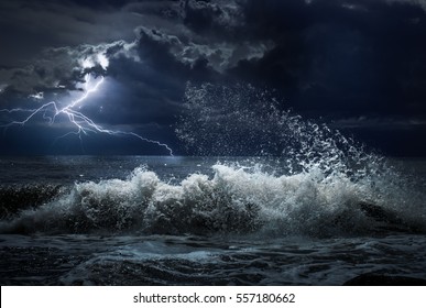 dark ocean storm with lgihting and waves at night