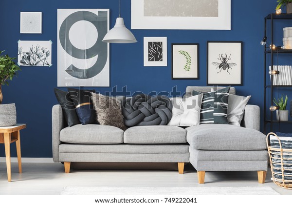 Dark Pillows On Grey Corner Sofa Stock Photo Edit Now