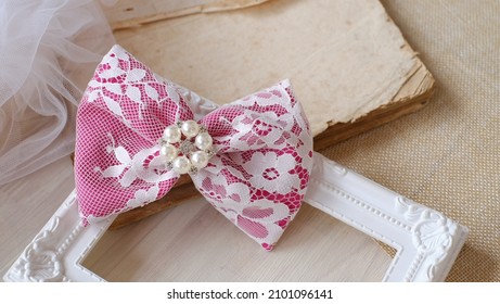 Dark Pink Hairbow Made Out Of Satin And Lace Fabric With Rhinestone As Embellishment, A Great Hair Accessory For Girl And Woman.