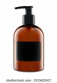 Dark Plastic Pump Bottle With Blank Black Label For Mock-up.
