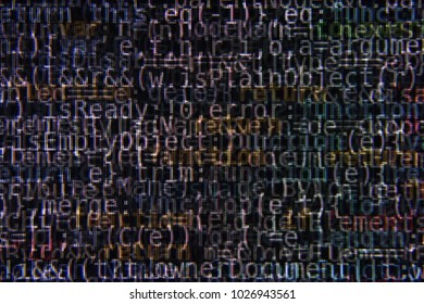 Dark Program Source Code Segments on Computer Screen Abstract Background