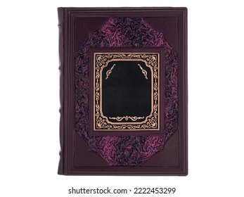 Dark Purple Black Leather mockup book with cover color isolated on white background. Diary for writing and printing With empty lable and metal fittings. - Shutterstock ID 2222453299