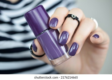 Dark purple manicured nails holding mug and nail polish bottle - Shutterstock ID 2176214665