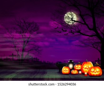 Dark purple night haunted graveyard and the moon with branches tree and flying bats on Halloween day and Jack-o-lantern on the wood plank board with lamp and red candle and the black cat. - Powered by Shutterstock