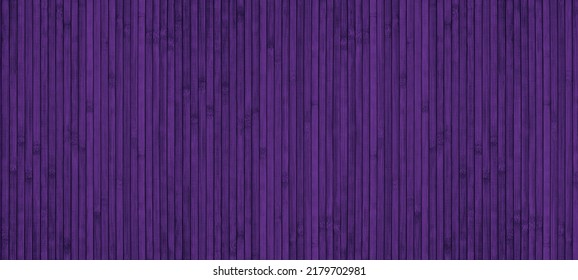 Dark purple wooden slat widescreen texture. Natural bamboo violet color wallpaper. Lilac wood plank wide abstract background