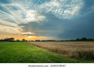 Dark rain cloud over the fields, rural summer view