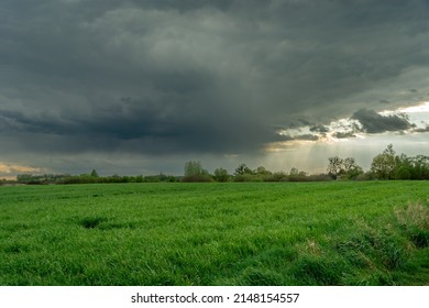 Dark Rain Cloud Over A Green Field, Spring Cloudy Day