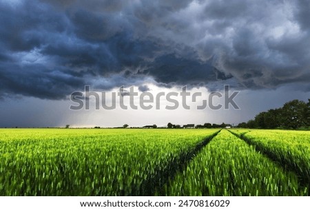 Dark rain cloud with storm over a green field with path