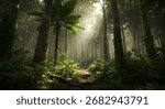 Dark rainforest, sun rays through the trees, rich jungle greenery. Atmospheric fantasy forest. 3D illustration.