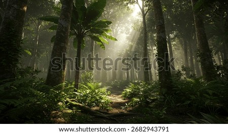 Dark rainforest, sun rays through the trees, rich jungle greenery. Atmospheric fantasy forest. 3D illustration.