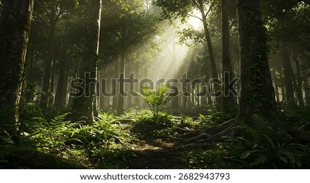 Dark rainforest, sun rays through the trees, rich jungle greenery. Atmospheric fantasy forest. 3D illustration.