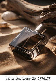 A dark rectangular perfume bottle is presented on sand alongside a delicate light pink rose, a small seashell, and a fragment of driftwood, with soft shadows enhancing the scene.