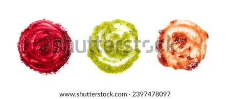 Dark red berry jam round blot frame or spot isolated on white background. Sweet confiture drops or marmalade splash top view