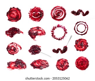 Dark red berry jam set, round blot frame, spot collection isolated on white background. Sweet confiture drops or marmalade splash top view