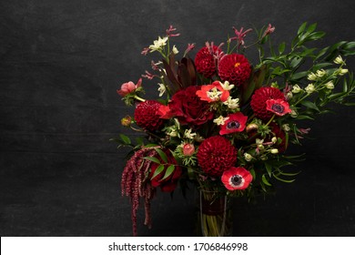 Dark Red Dahlia, Rose And Anemone Bouquet Floral Flat Lay