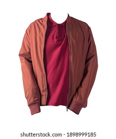 dark red men's bomber jacket and red  shirt isolated on white background. fashionable casual wear - Shutterstock ID 1898999185