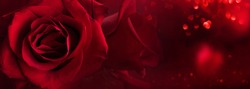 Dark Red Roses Background With Luminous Bokeh And Abstrakt Hearts. Love Concept For Valentines Day And Wedding. Space For Text And Design.