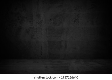 Dark Room With Black Concrete Wall Background.