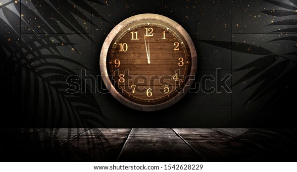 Dark\
room. Old brick wall. Clock on the brickwork, night view. Night\
scene with a clock on the wall. Festive\
background.