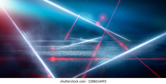 Dark room, a tunnel, a corridor with rays of light and a red laser beam of red color, smoke, smog, dust. Abstract dark blue background with light effect, neon.
