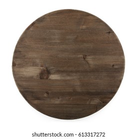 Dark Round Wooden Board Isolated On White Background. View From Above.