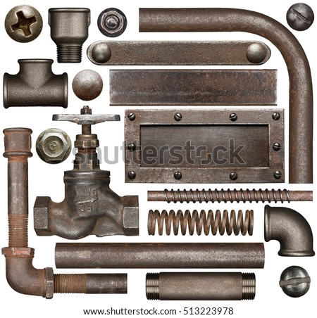 Dark and rusty industrial design elements. Various isolated parts of metal pipes, screws and plates.
