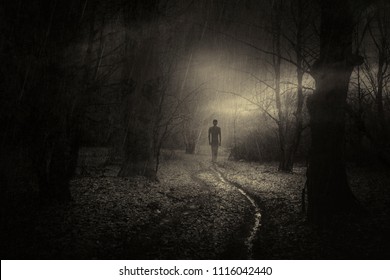 dark scary apparition in mysterious forest, horror surreal landscape