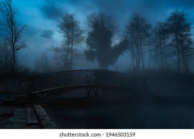 Dark Scary Park At Night. Silhouettes Of Trees Appear From The Fog. Ghost Bridge In The Center Of The Frame