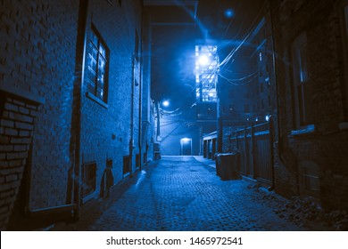 Dark And Scary Vintage Cobblestone Brick City Alley At Night In Chicago