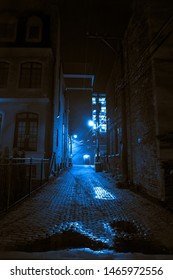 Dark And Scary Vintage Cobblestone Brick City Alley At Night In Chicago