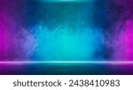 Dark scene colorful lights concert stage blue and purple background, fog in darkness, smoke mist, neon spotlights, night view, Abstract Halloween backdrop, stage shows, street floor studio room