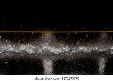 Dark Scene Of Hard Raining, Water Splash In Asphalt Road