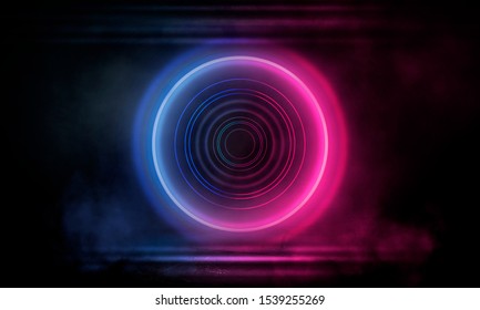 Dark scene with a neon circle, smoke, smog. Futuristic dark neon background.