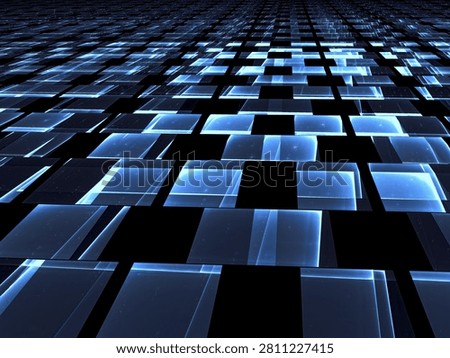 Dark sci-fi or technology background - abstract computer-generated image. Fractal art: rectangles like floor made of glass tiles with light effects. For banners, web design, desktop wallpaper