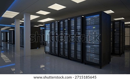 Dark Server Room  with Rows of Server Cabinets
