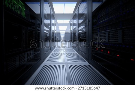 Dark Server Room  with Rows of Server Cabinets