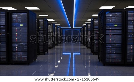 Dark Server Room  with Rows of Server Cabinets