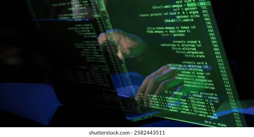 Dark setting with glowing green holographic screen displaying fictional coding interface. Hands interacting with digital elements, representing cybersecurity, hacking, and AI development.
