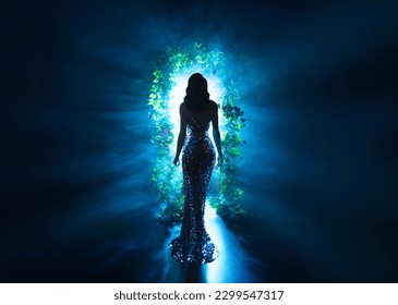 dark shadow silhouette fantasy woman walking in black night garden in fog glowing portal arch flowers, art neon blue magic light. Mystery lady. Gothic luxury Girl princess shiny dress back rear view