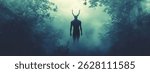 A dark silhouette of an evil creature with horns stands in the middle, surrounded by trees and a foggy forest
