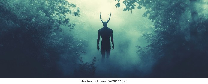 A dark silhouette of an evil creature with horns stands in the middle, surrounded by trees and a foggy forest
