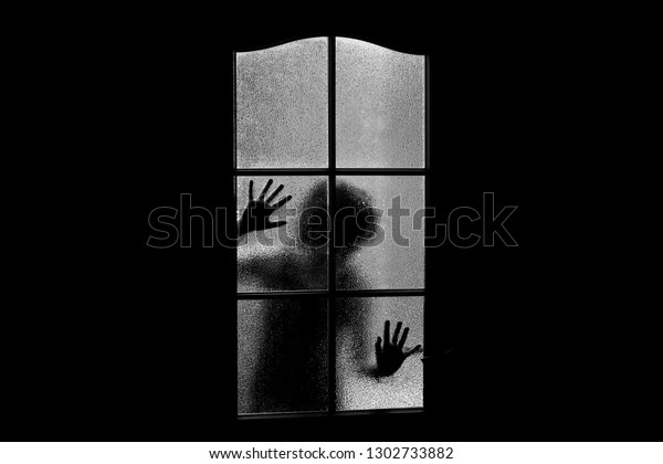 Dark Silhouette Girl Behind Glass Locked Stock Photo Edit Now