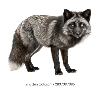 Dark Silver Fox Standing Side Profile Isolated on White Background
