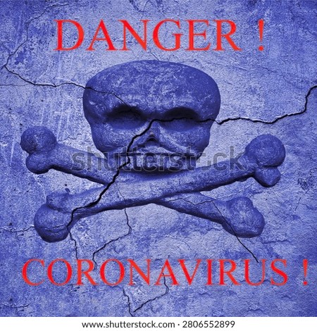 A dark skull with crossed bones and a warning sign on a cracked wall
