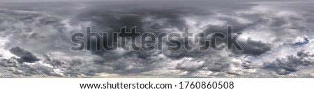 dark sky with beautiful black clouds before storm. Seamless hdri panorama 360 degrees angle view with zenith without ground for use in 3d graphics or game development as sky dome or edit drone shot