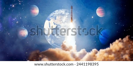 Dark space shuttle launch in the clouds with stars on background.Spaceship flight. Elements of this image furnished by NASA