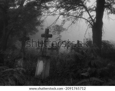 Dark spooky cemetery in the fog. Crosses and graves in the old abandoned cemetery. The atmosphere of death and horror.
